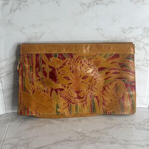 Valerie Leather Clutch Bag Womens Large Tan Multicolor Jaguar Jungle Embossed